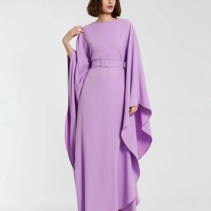 Purple Crepe Boat Neck Kaftan Dress With Belt