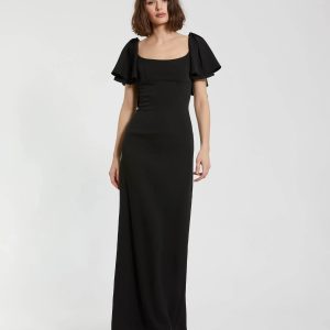 Crepe Fitted Long Dress With Short Ruffle Sleeves