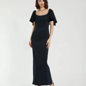Navy Crepe Fitted Column Dress With Short Ruffle Sleeves - FINAL SALE