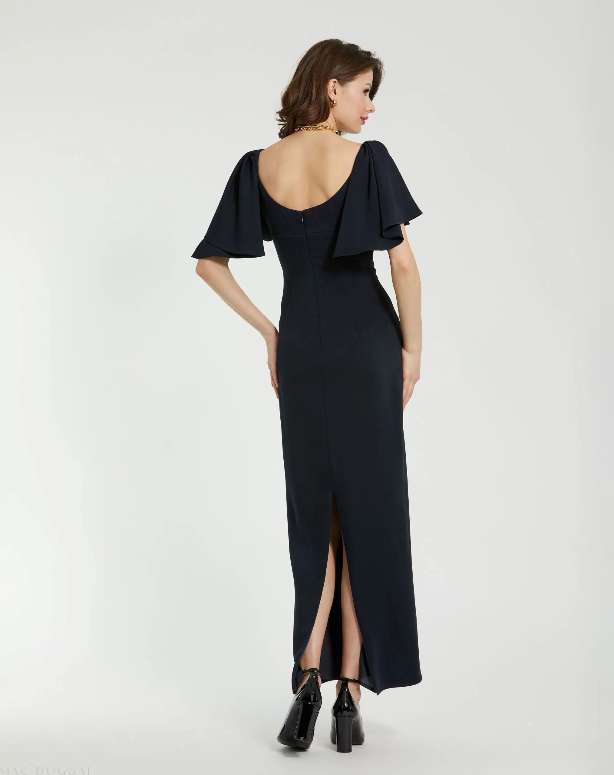 Navy Crepe Fitted Column Dress With Short Ruffle Sleeves - FINAL SALE - Image 4