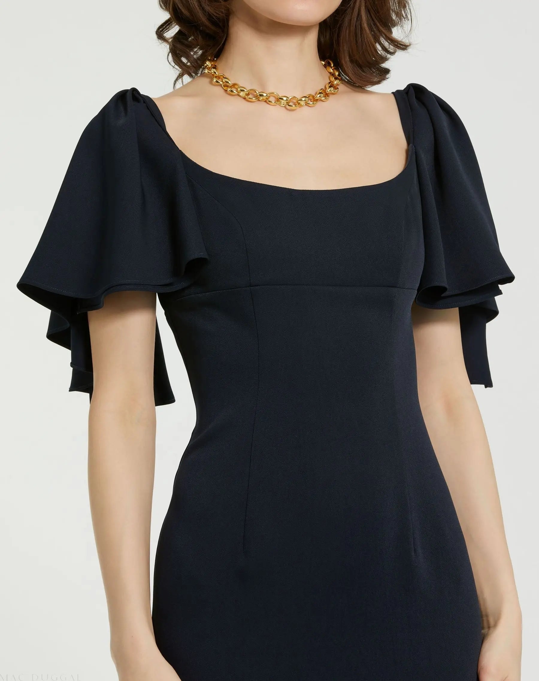 Navy Crepe Fitted Column Dress With Short Ruffle Sleeves - FINAL SALE - Image 3