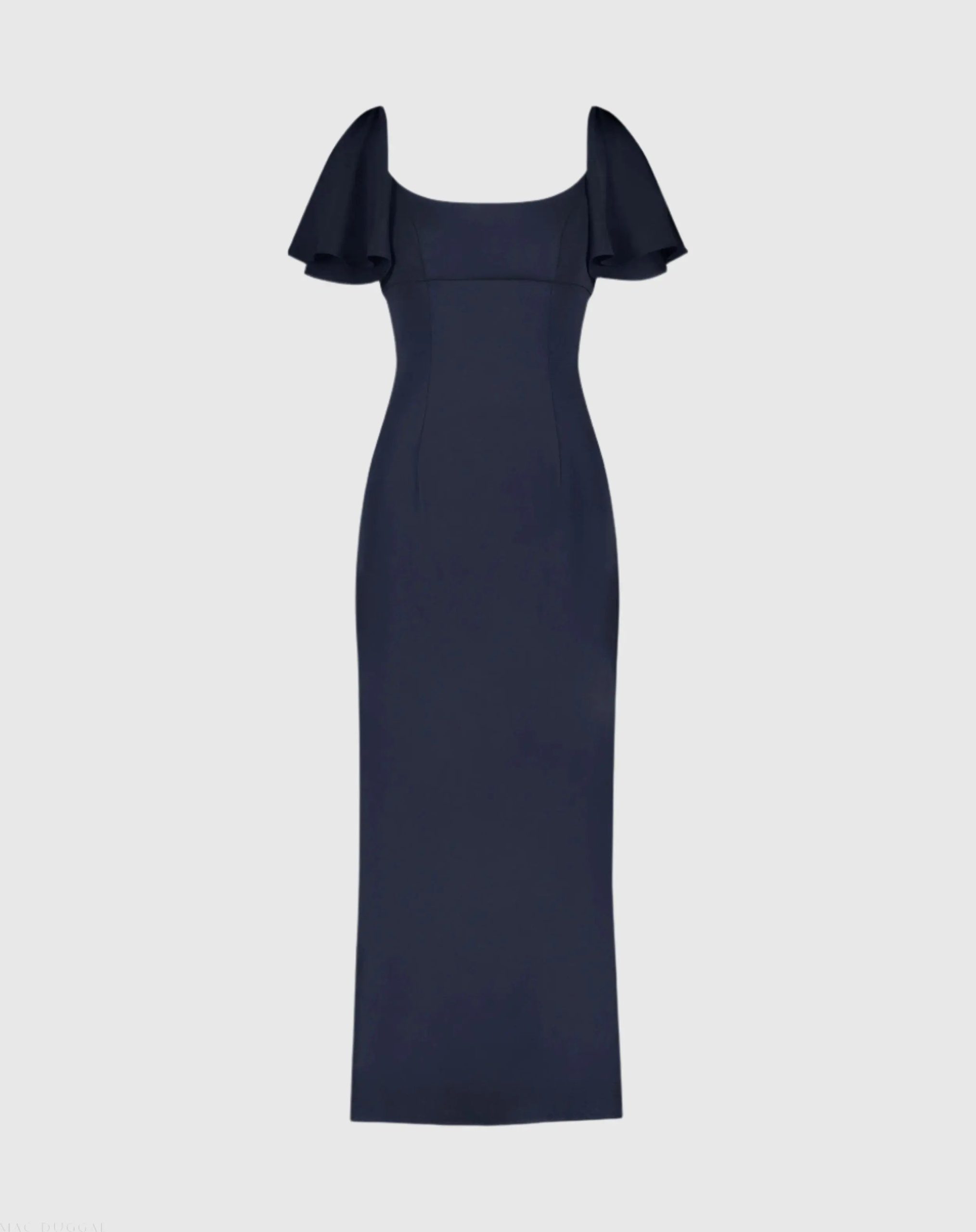 Navy Crepe Fitted Column Dress With Short Ruffle Sleeves - FINAL SALE - Image 2