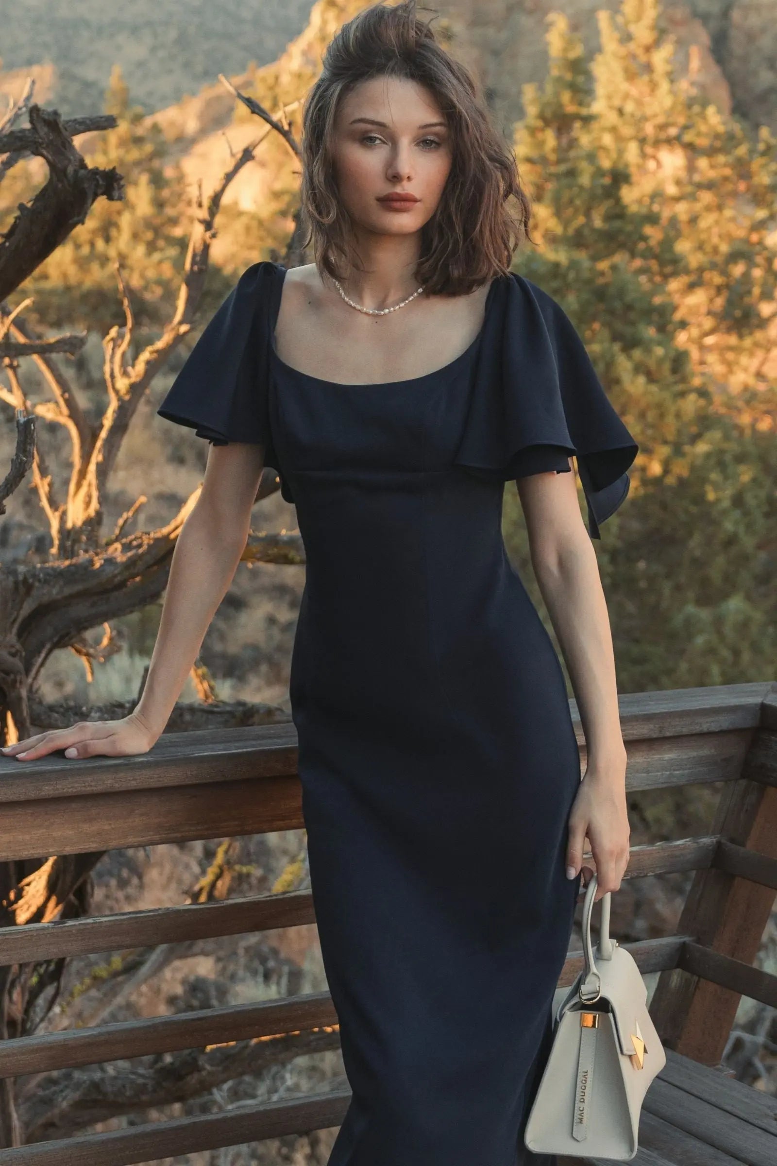 Navy Crepe Fitted Column Dress With Short Ruffle Sleeves - FINAL SALE - Image 6