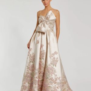 Ivory Strapless Brocade Floral Ball Gown With Bow Detail
