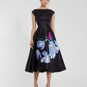 Black Satin Cap Sleeve Midi Dress With Floral Print