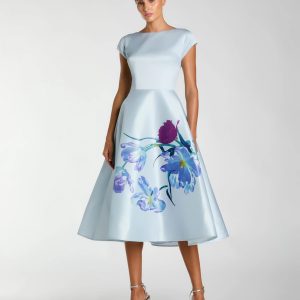 Blue Satin Cap Sleeve Midi Dress With Floral Print