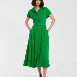 Green Crepe Collared Short Sleeve Midi Dress With Belt