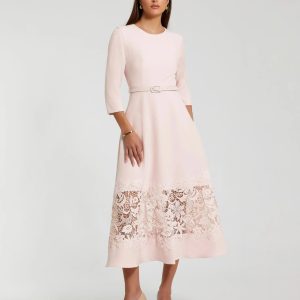 Pink Crepe Boat Neck Midi Dress With Applique Cut Out