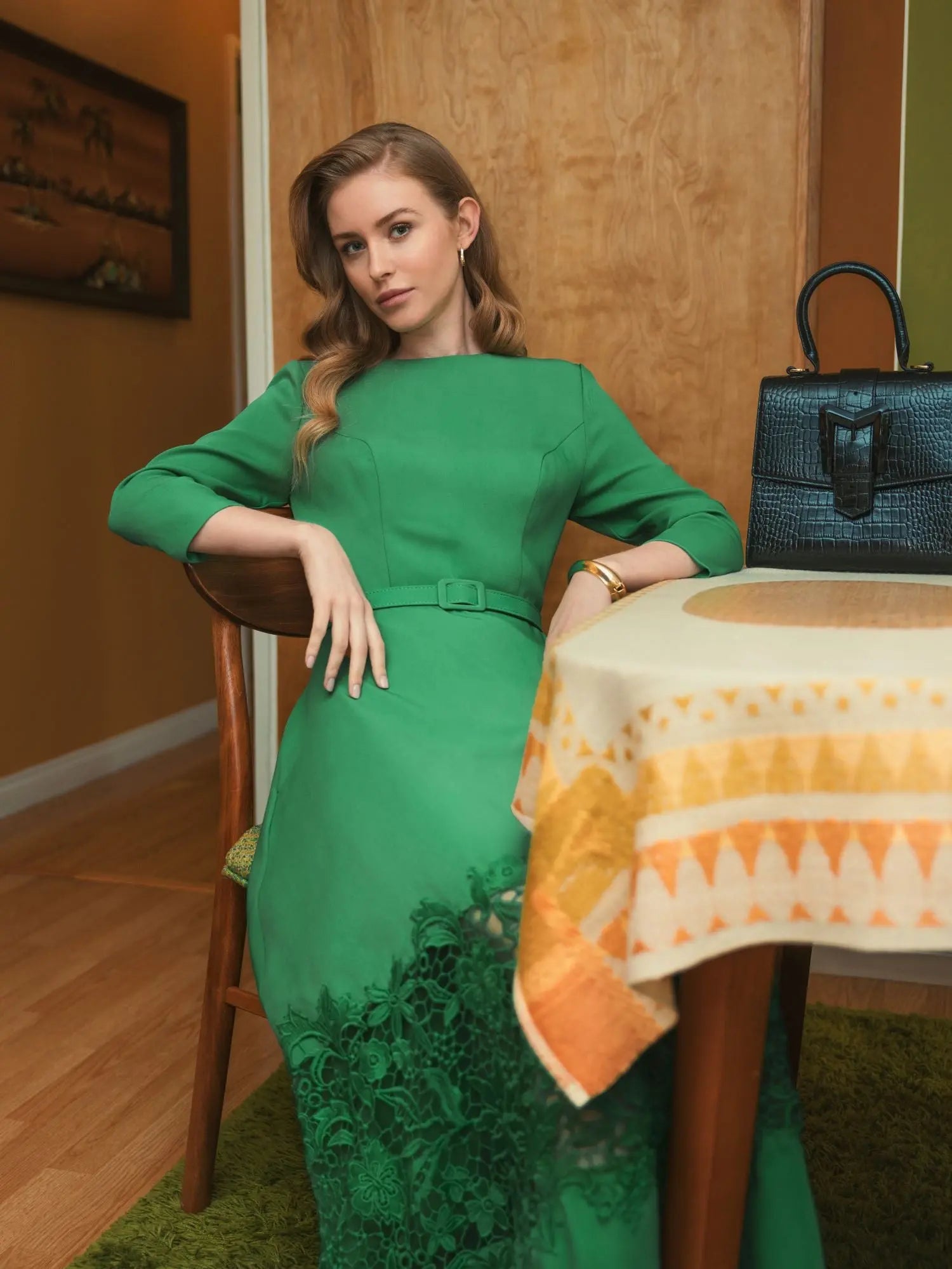 Green Crepe Boat Neck Midi Dress With Applique Cut Out - Image 5