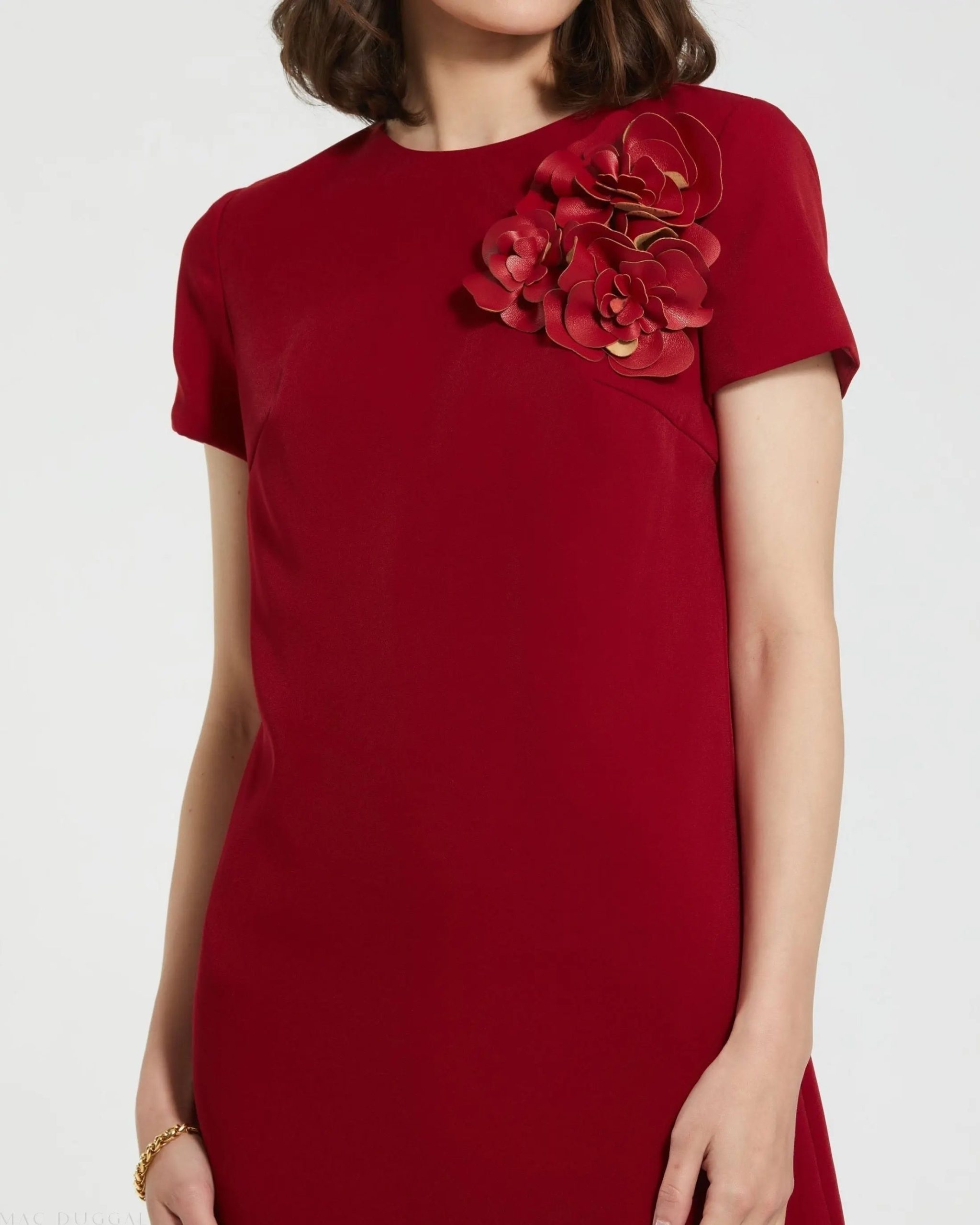 Red Crepe Cap Sleeve Mini Dress With 3D Flower Details - Image 2