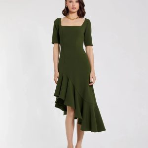Green Crepe 3/4 Sleeve Asymmetrical Hem Dress - FINAL SALE