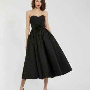 Black Faille Strapless A Line Midi Dress With 3D Rose - FINAL SALE