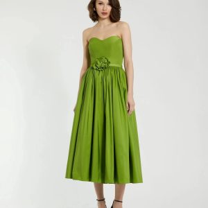 Green Faille Strapless A Line Midi Dress With 3D Rose