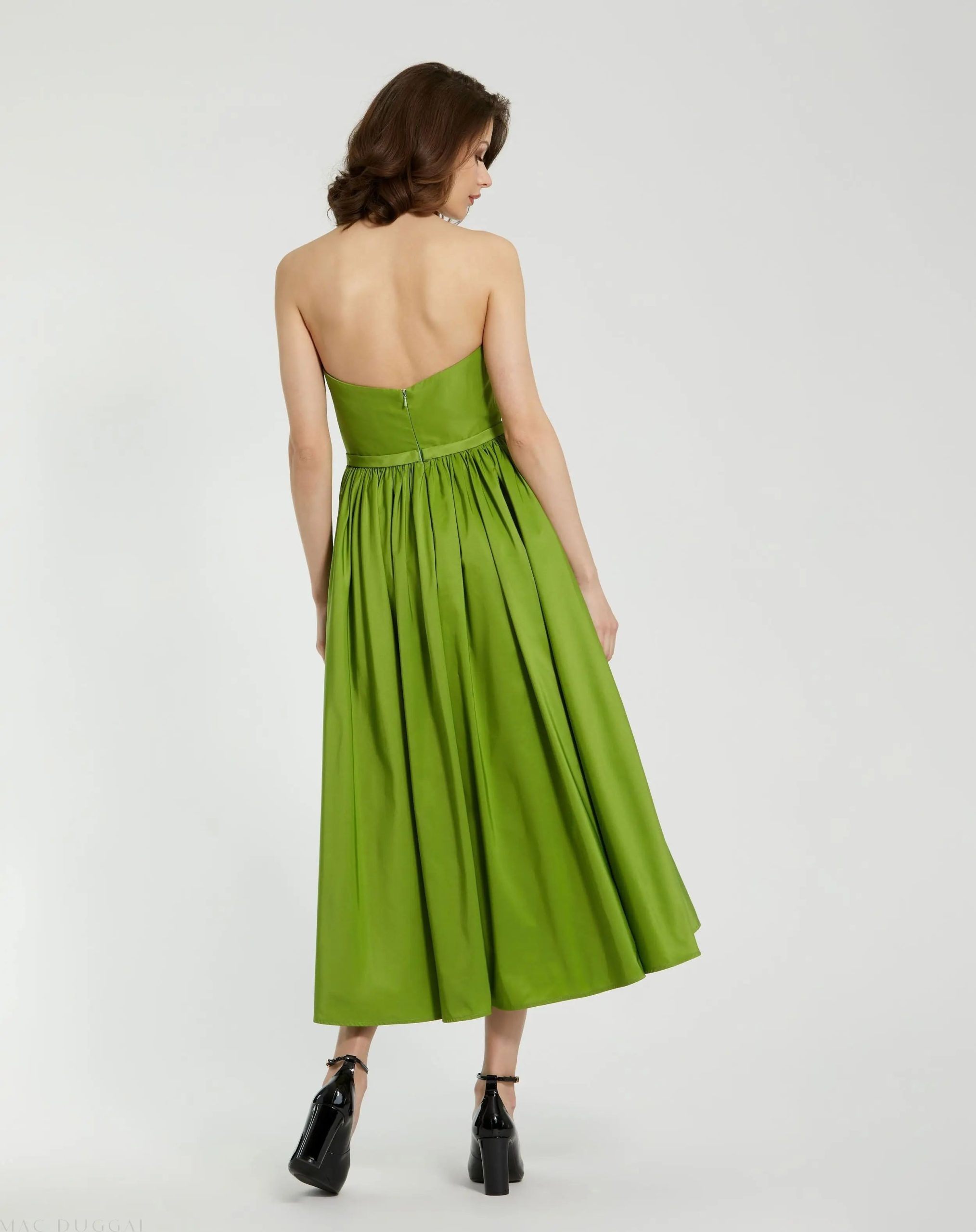 Green Faille Strapless A Line Midi Dress With 3D Rose - Image 4