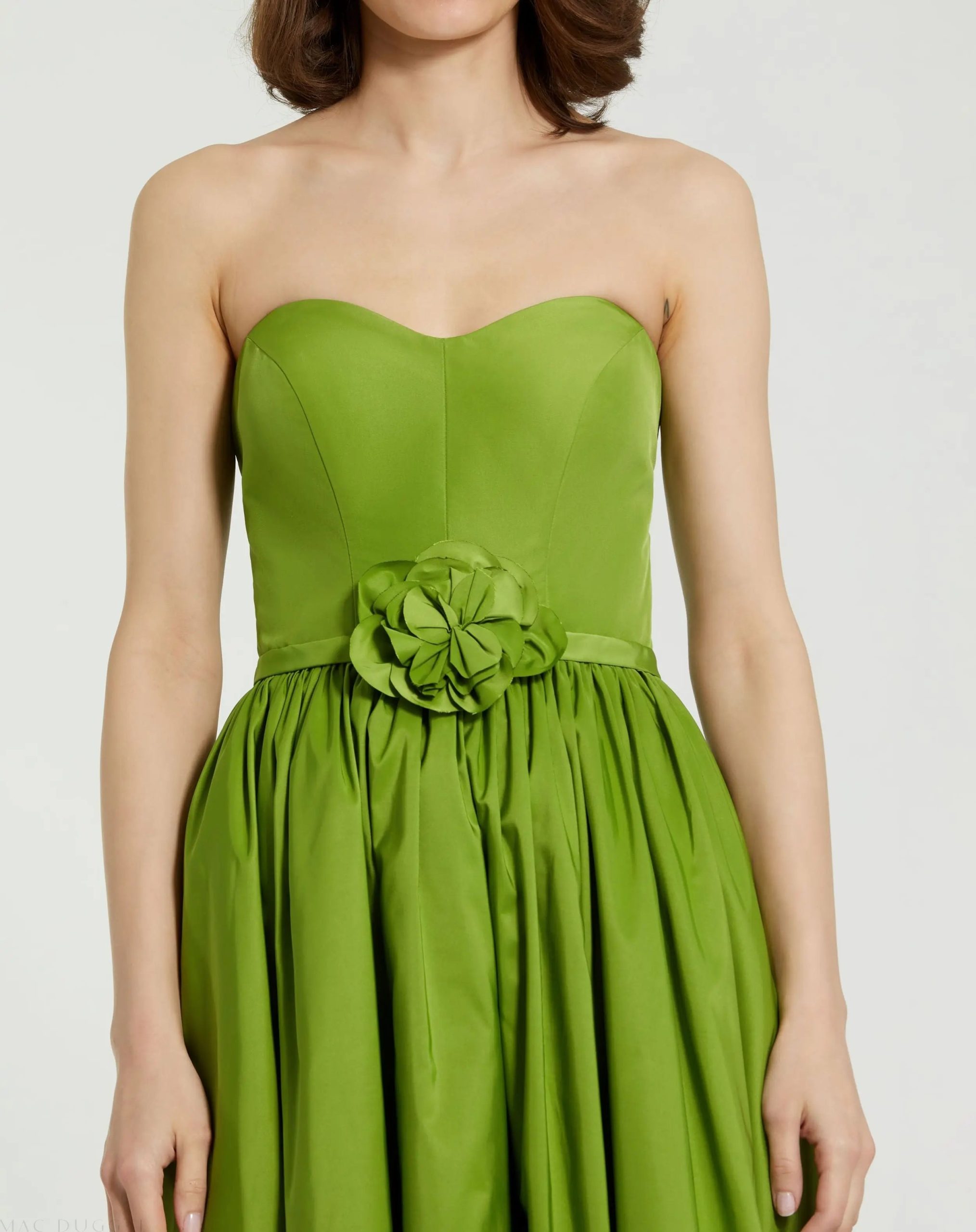 Green Faille Strapless A Line Midi Dress With 3D Rose - Image 3