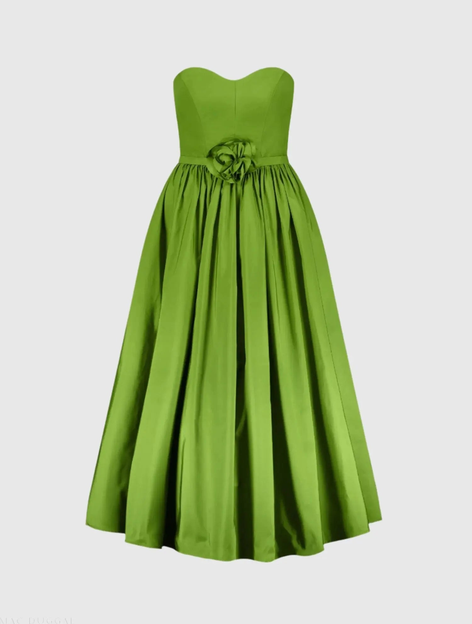 Green Faille Strapless A Line Midi Dress With 3D Rose - Image 2