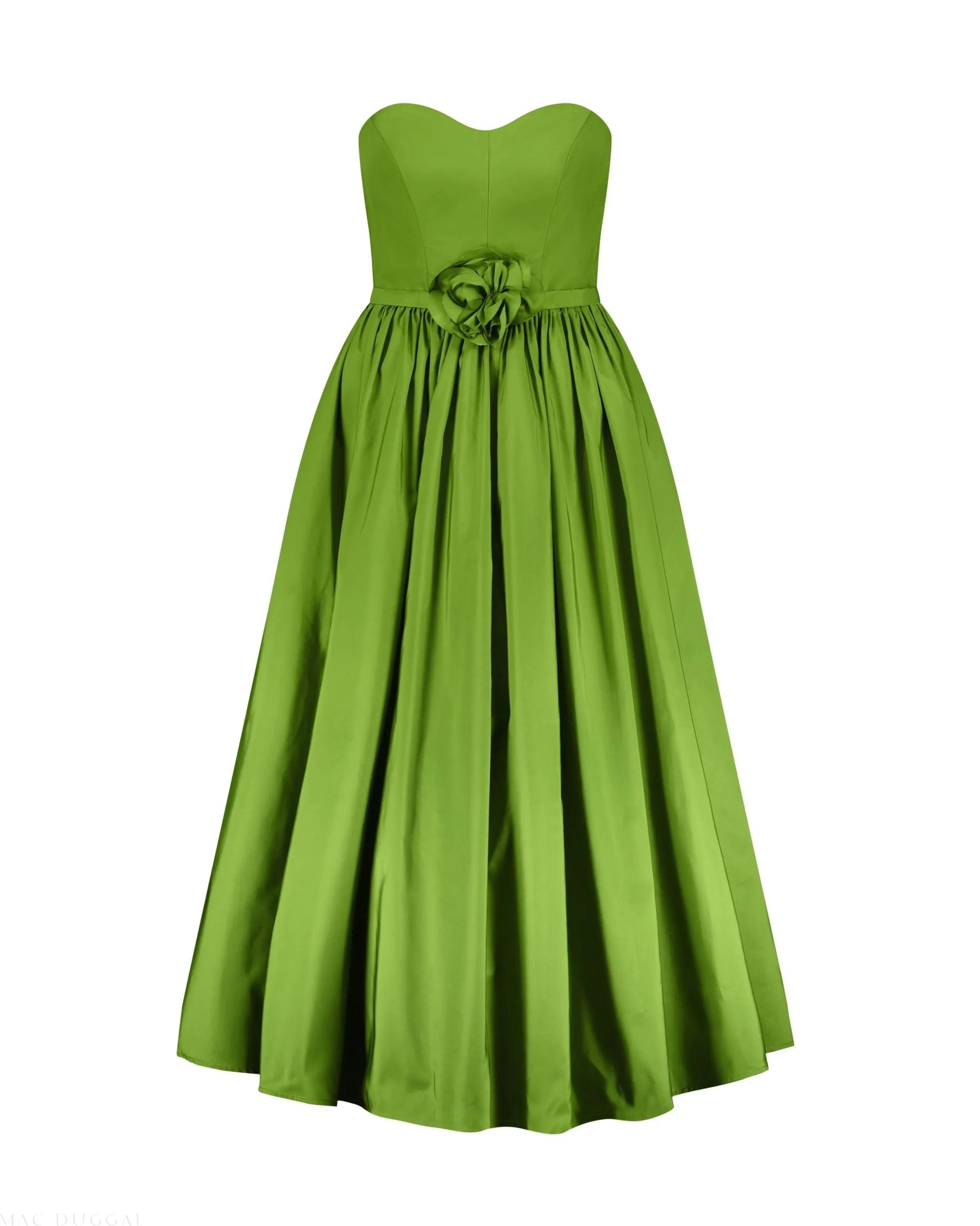 Green Faille Strapless A Line Midi Dress With 3D Rose - Image 6