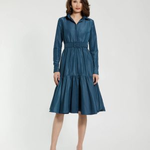 Blue Faille Long Sleeve Collared Midi Dress With Belt - FINAL SALE