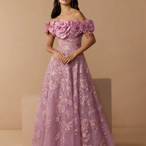 Purple Off The Shoulder 3D Floral Embroidered A-Line Gown
