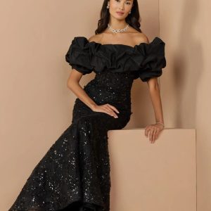 Black Embellished Mermaid Gown With Off The Shoulder Ruffle