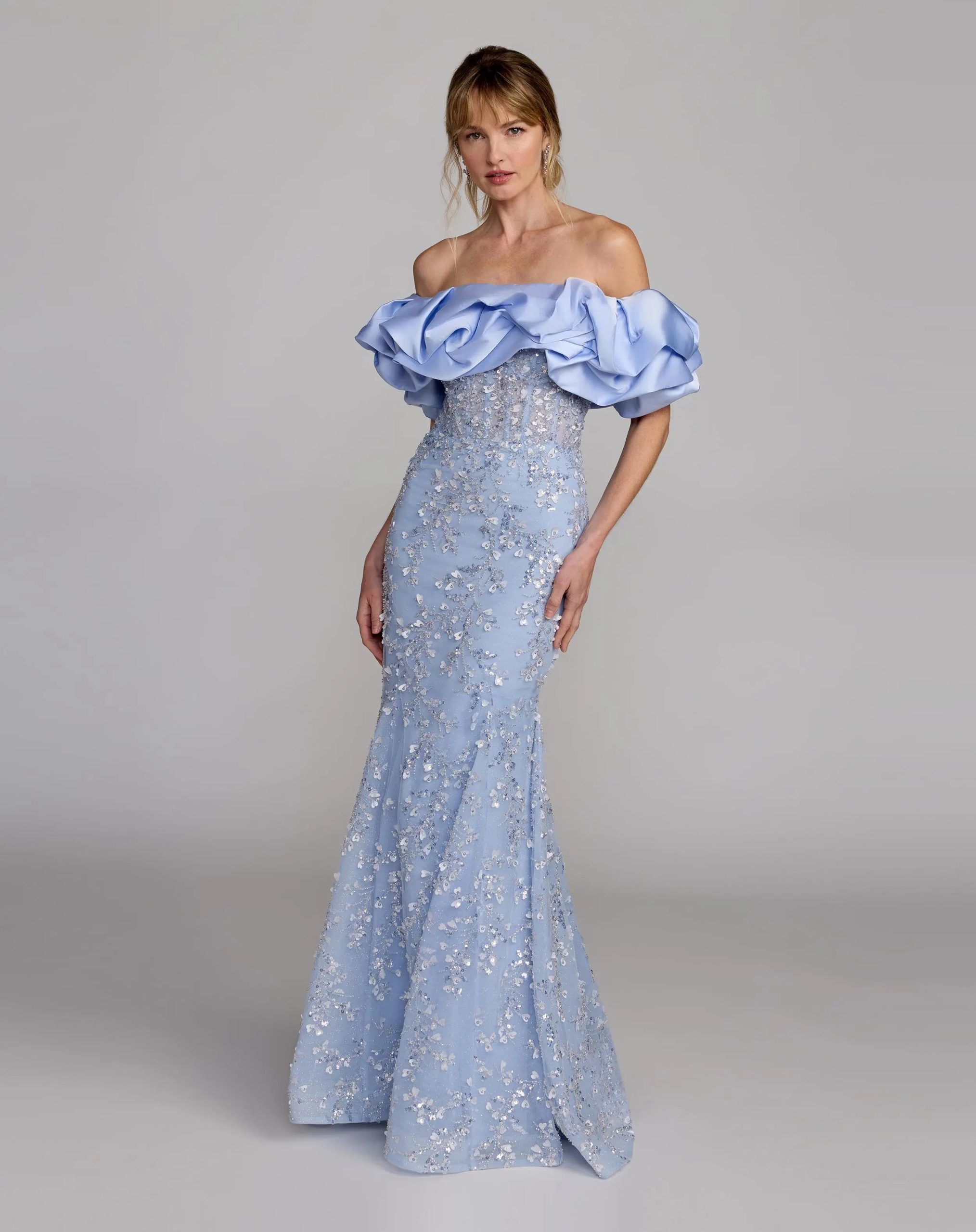 Blue Embellished Mermaid Gown With Off The Shoulder Ruffle - Image 4