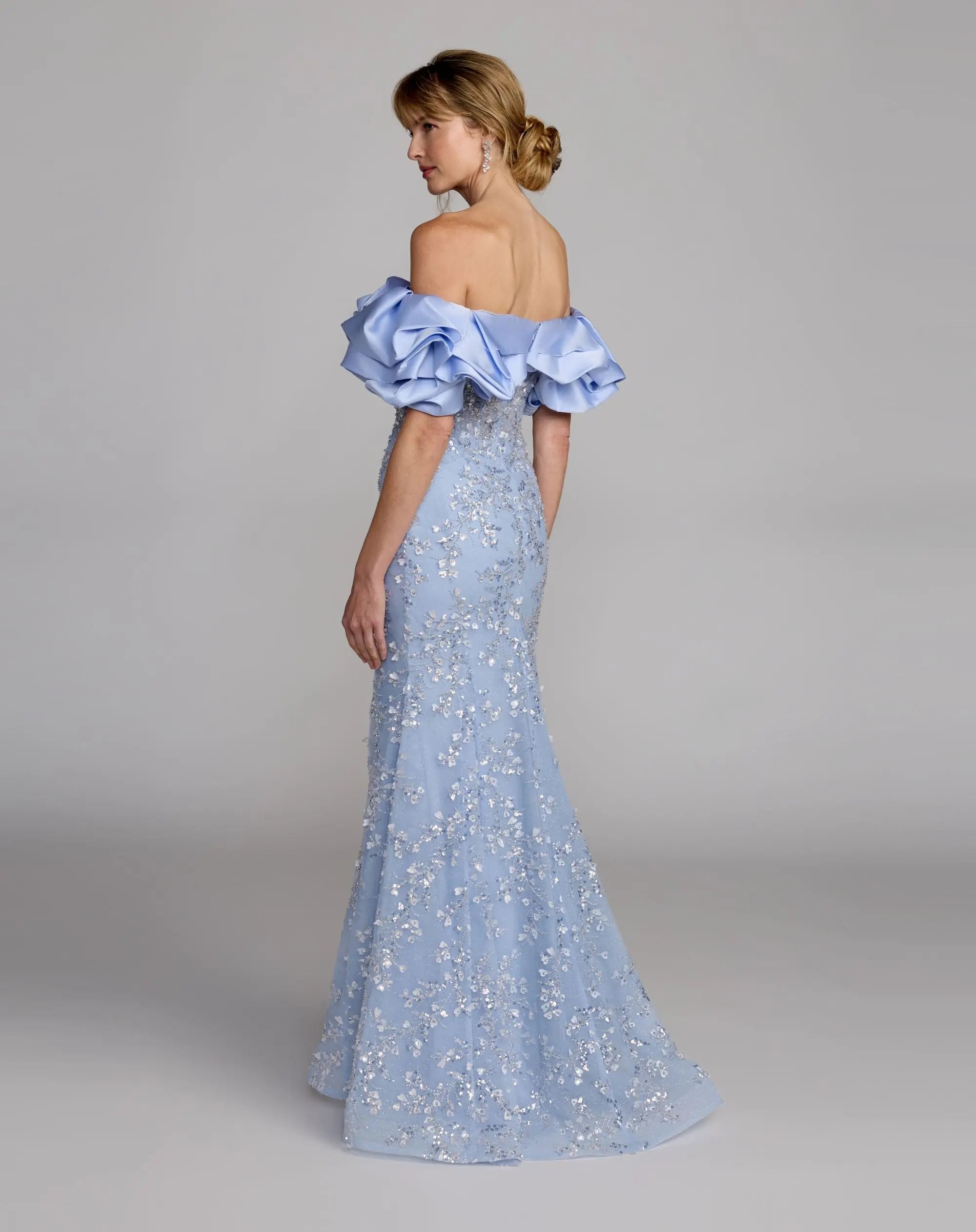 Blue Embellished Mermaid Gown With Off The Shoulder Ruffle - Image 6