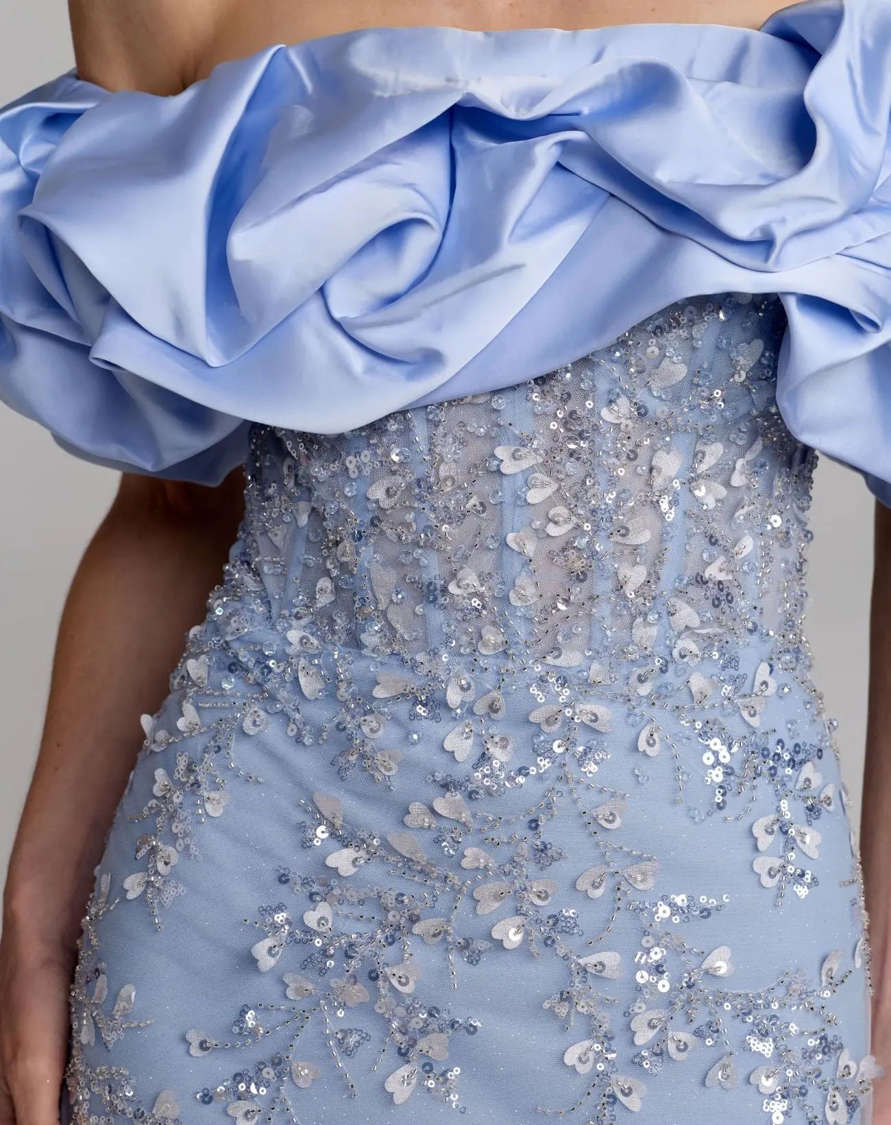Blue Embellished Mermaid Gown With Off The Shoulder Ruffle - Image 5