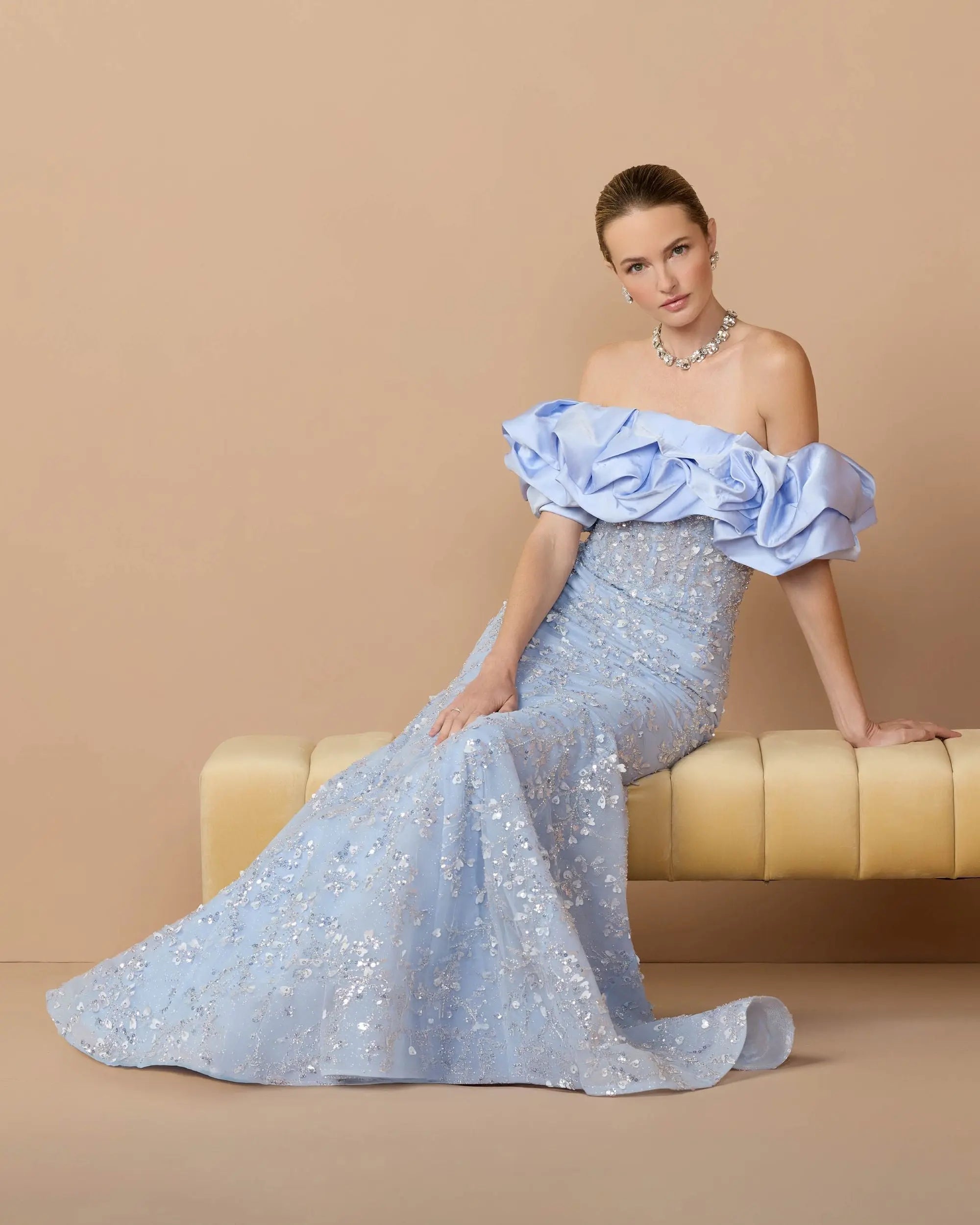 Blue Embellished Mermaid Gown With Off The Shoulder Ruffle - Image 2