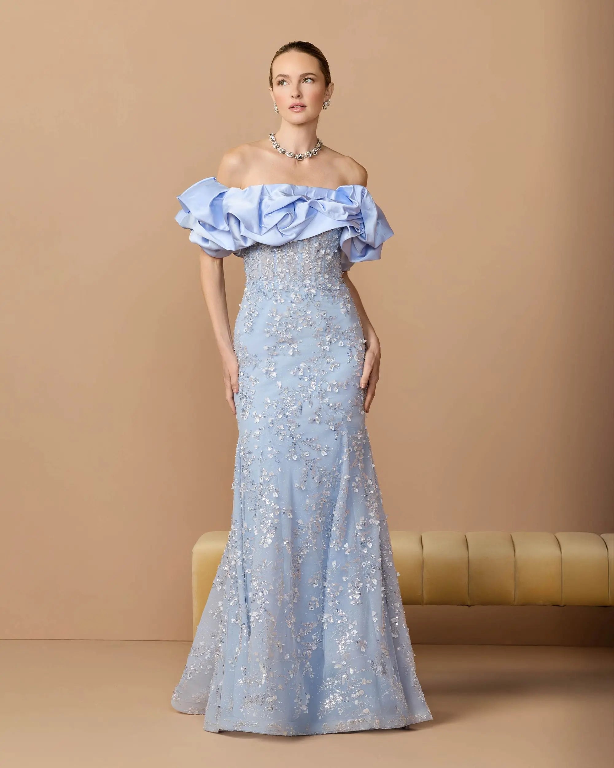 Blue Embellished Mermaid Gown With Off The Shoulder Ruffle - Image 3