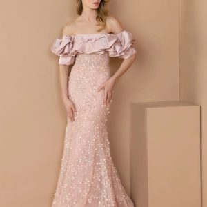 Pink Embellished Mermaid Gown With Off The Shoulder Ruffle