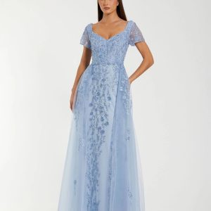 Blue Embroidered Beaded A-Line Gown with Overskirt