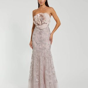 Pink Strapless Lace Embellished Trumpet Gown With 3D Flower