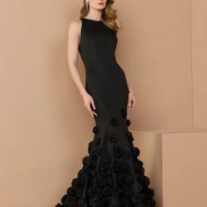 Black Sleeveless Mermaid Gown With 3D Floral Hem