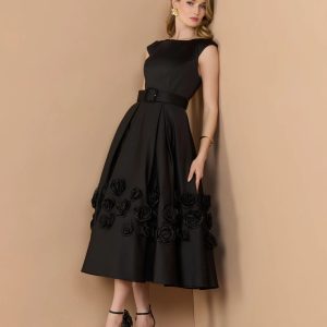 Black Satin Cap Sleeve Midi Dress With 3D Flowers