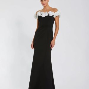 Black Crepe Mermaid Gown With 3D Flowers
