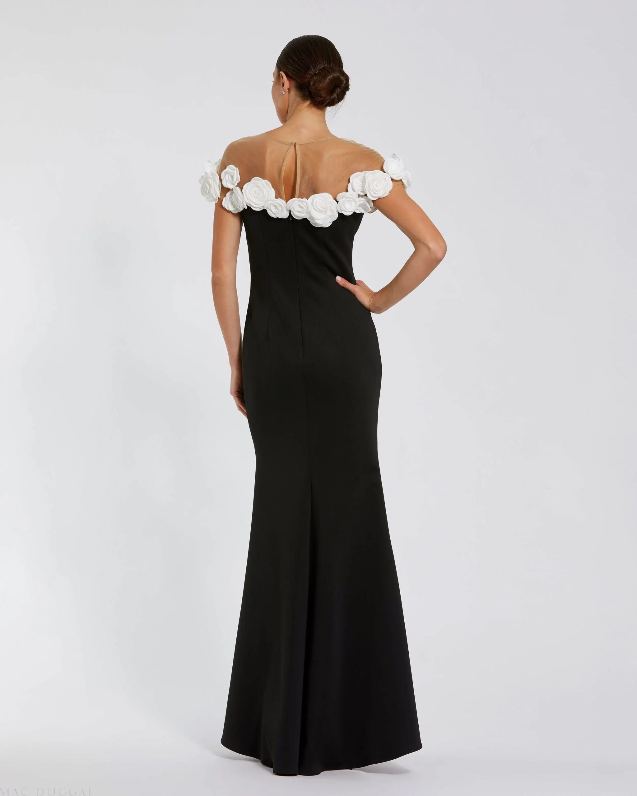 Black Crepe Mermaid Gown With 3D Flowers - Image 3