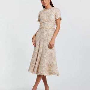 Beige Boucle Short Sleeve A Line Midi Dress