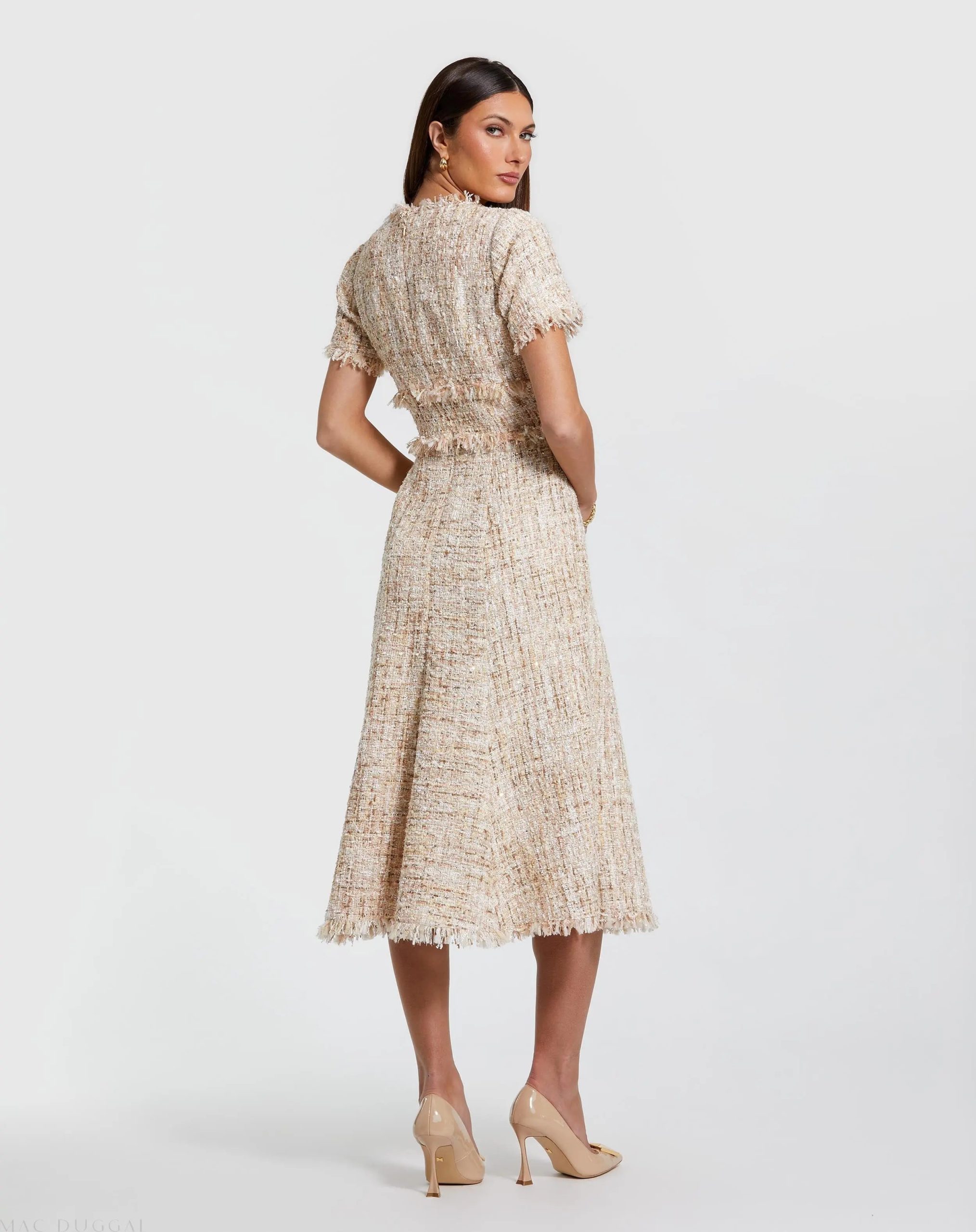 Beige Boucle Short Sleeve A Line Midi Dress - Image 4