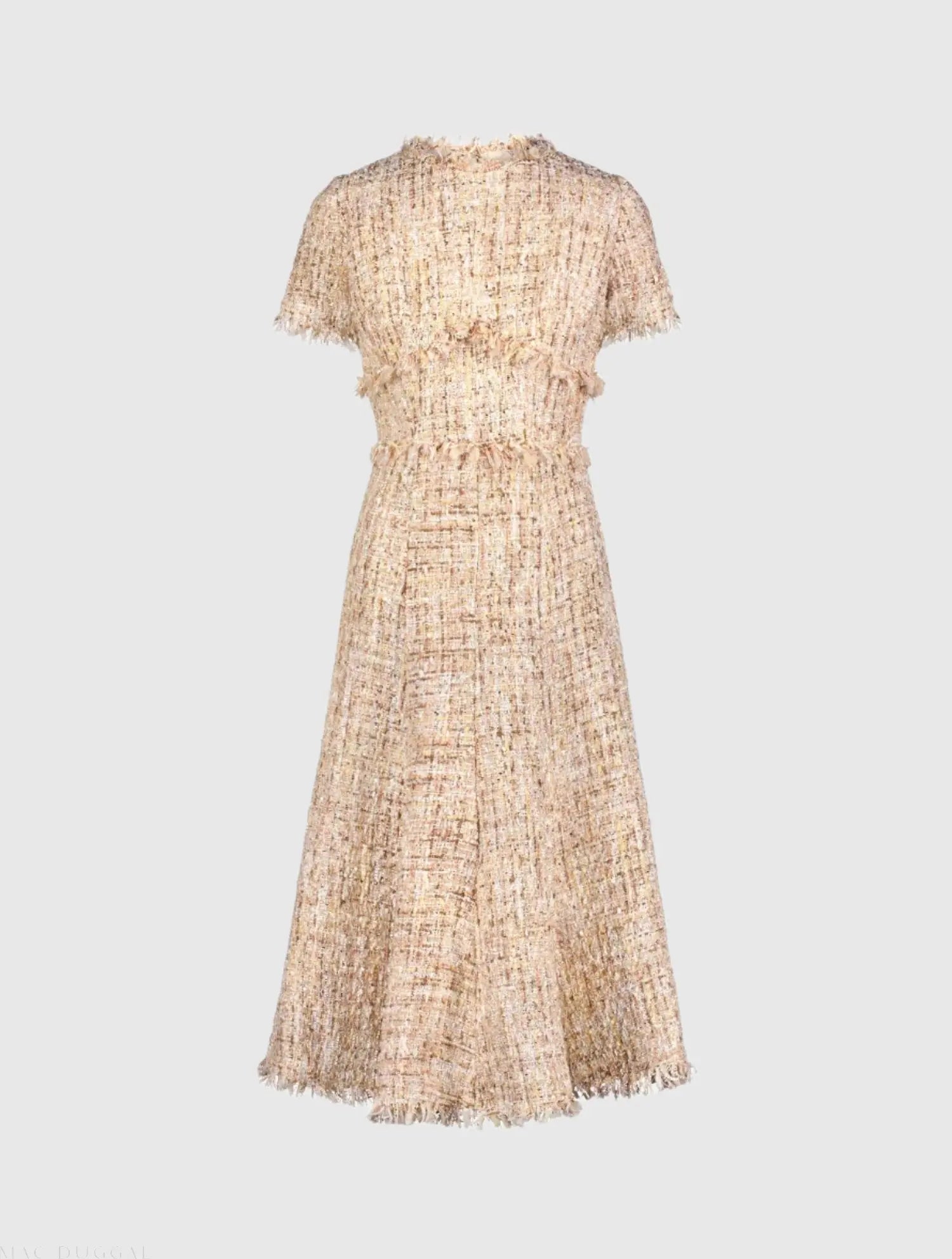 Beige Boucle Short Sleeve A Line Midi Dress - Image 2