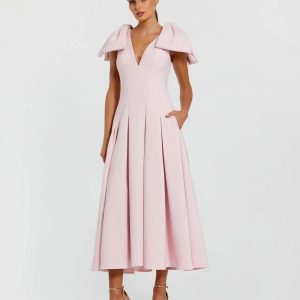 Pink Crepe A Line Midi Dress With Bow Straps