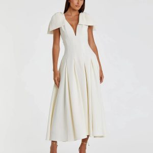 Ivory Crepe A Line Midi Dress With Bow Straps