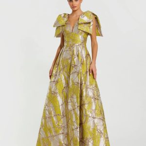 Green Layered Shoulder Bow Metallic A-Line Gown