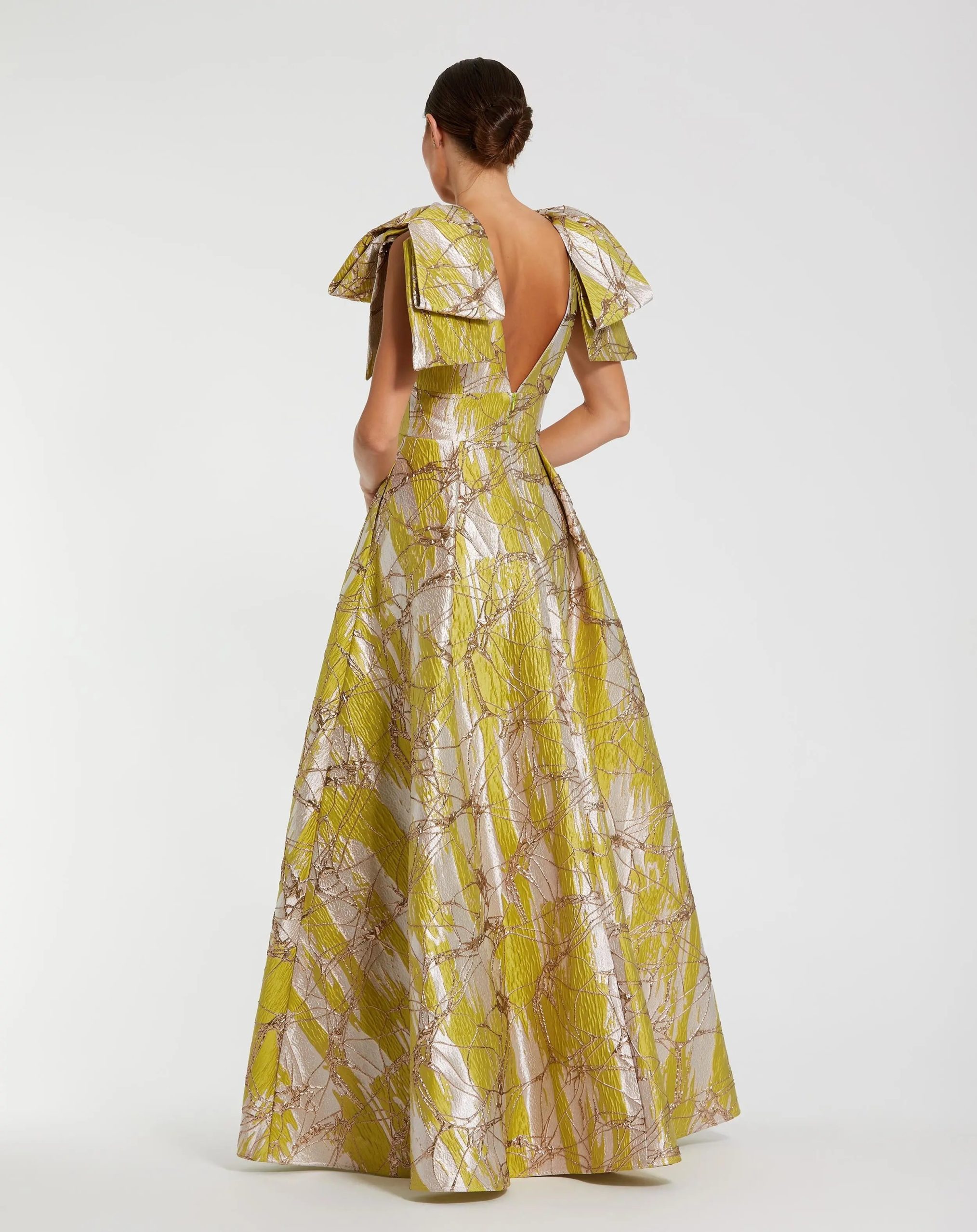 Green Layered Shoulder Bow Metallic A-Line Gown - Image 3