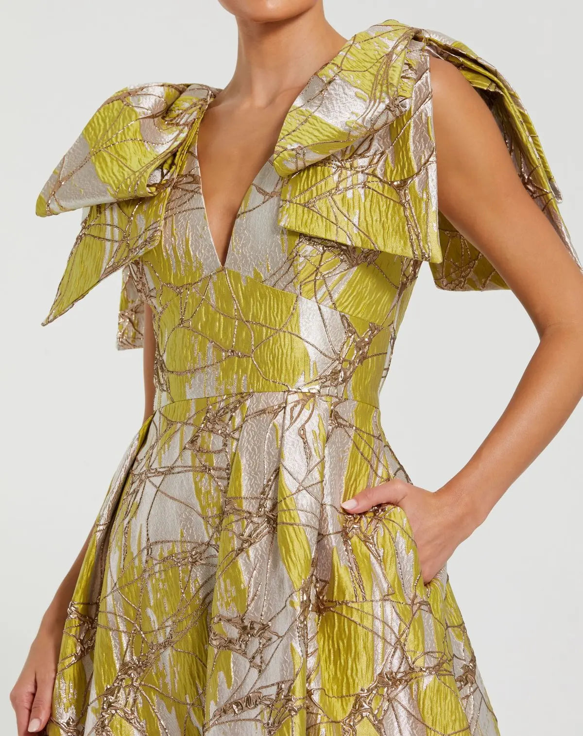 Green Layered Shoulder Bow Metallic A-Line Gown - Image 2