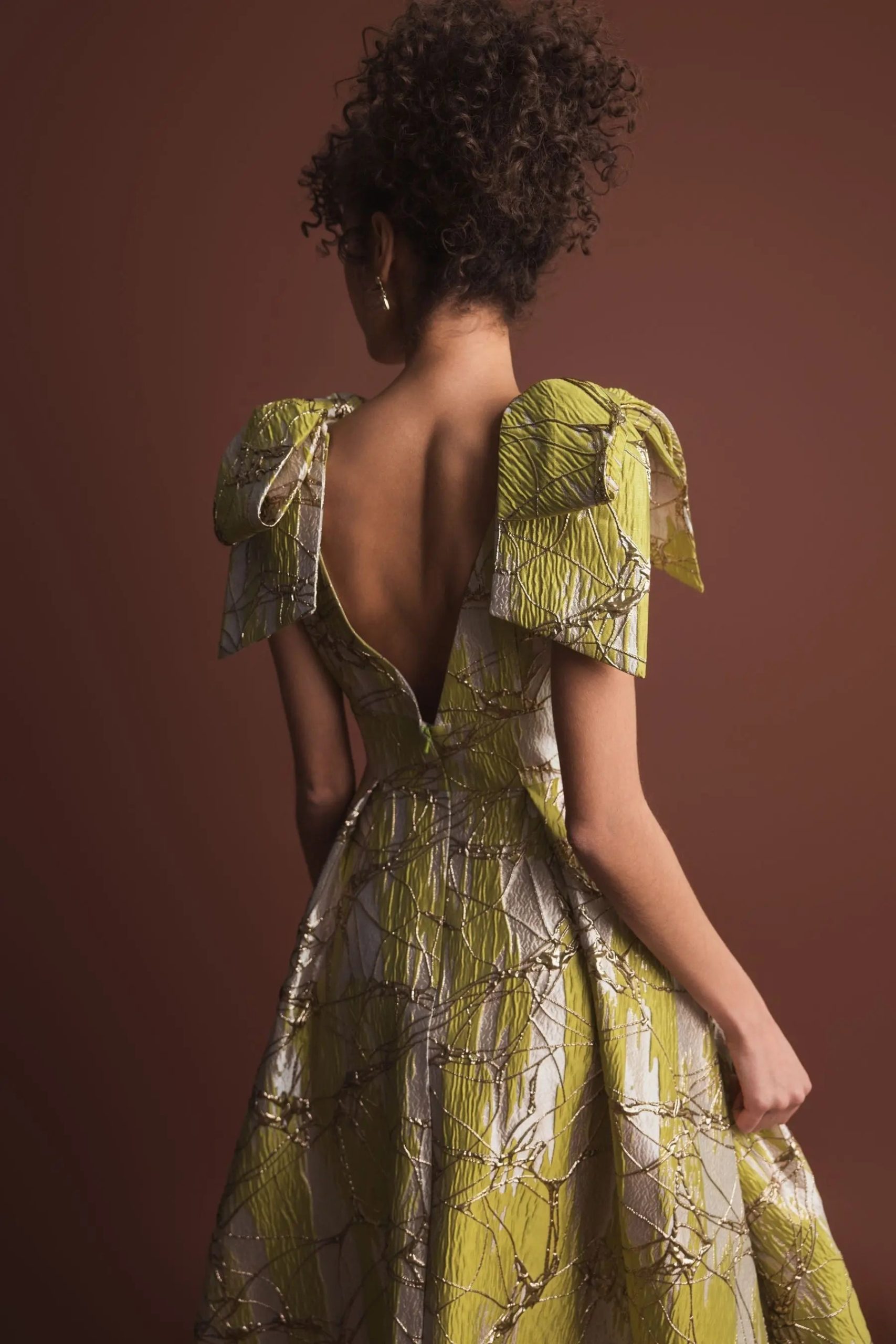Green Layered Shoulder Bow Metallic A-Line Gown - Image 6