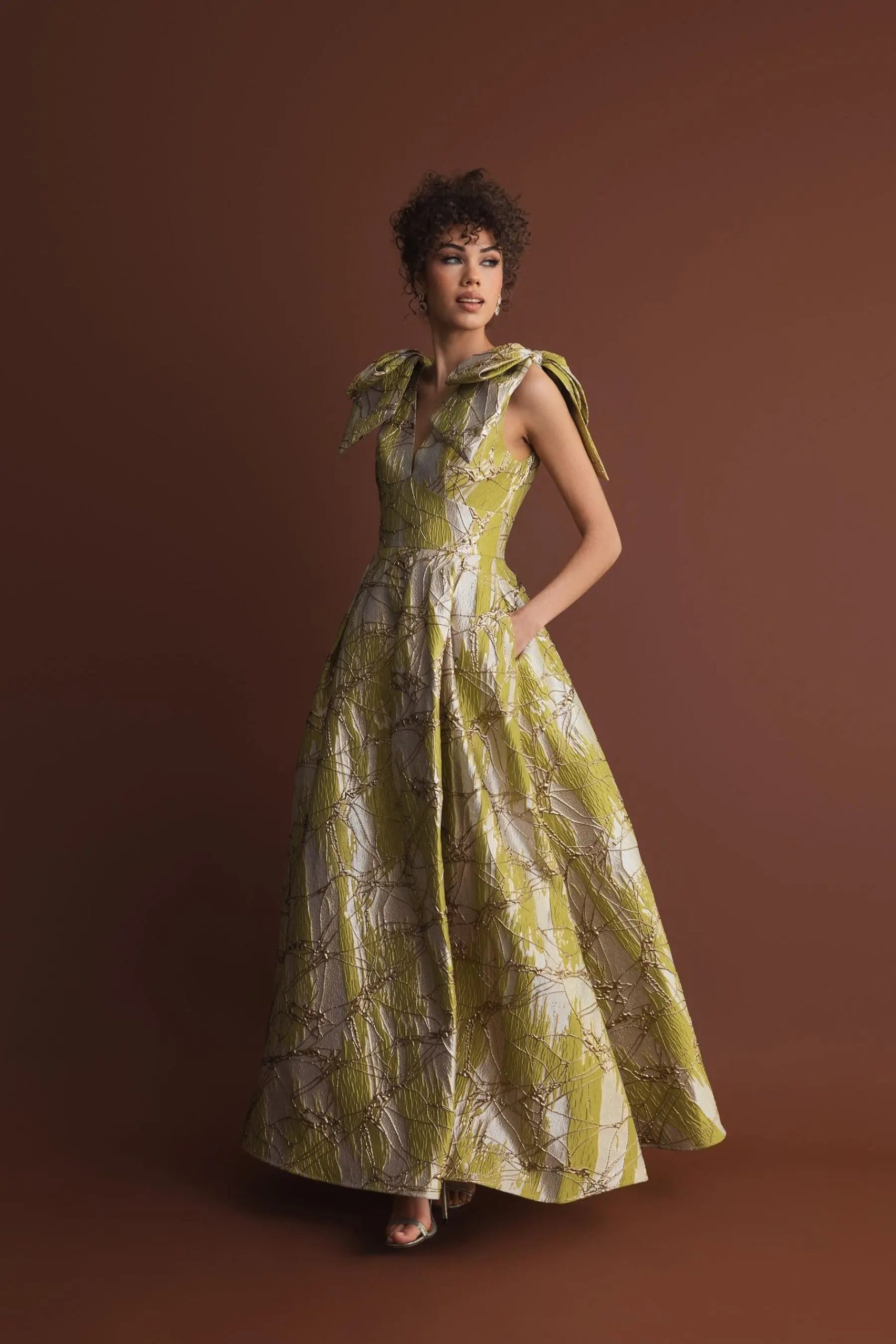 Green Layered Shoulder Bow Metallic A-Line Gown - Image 4