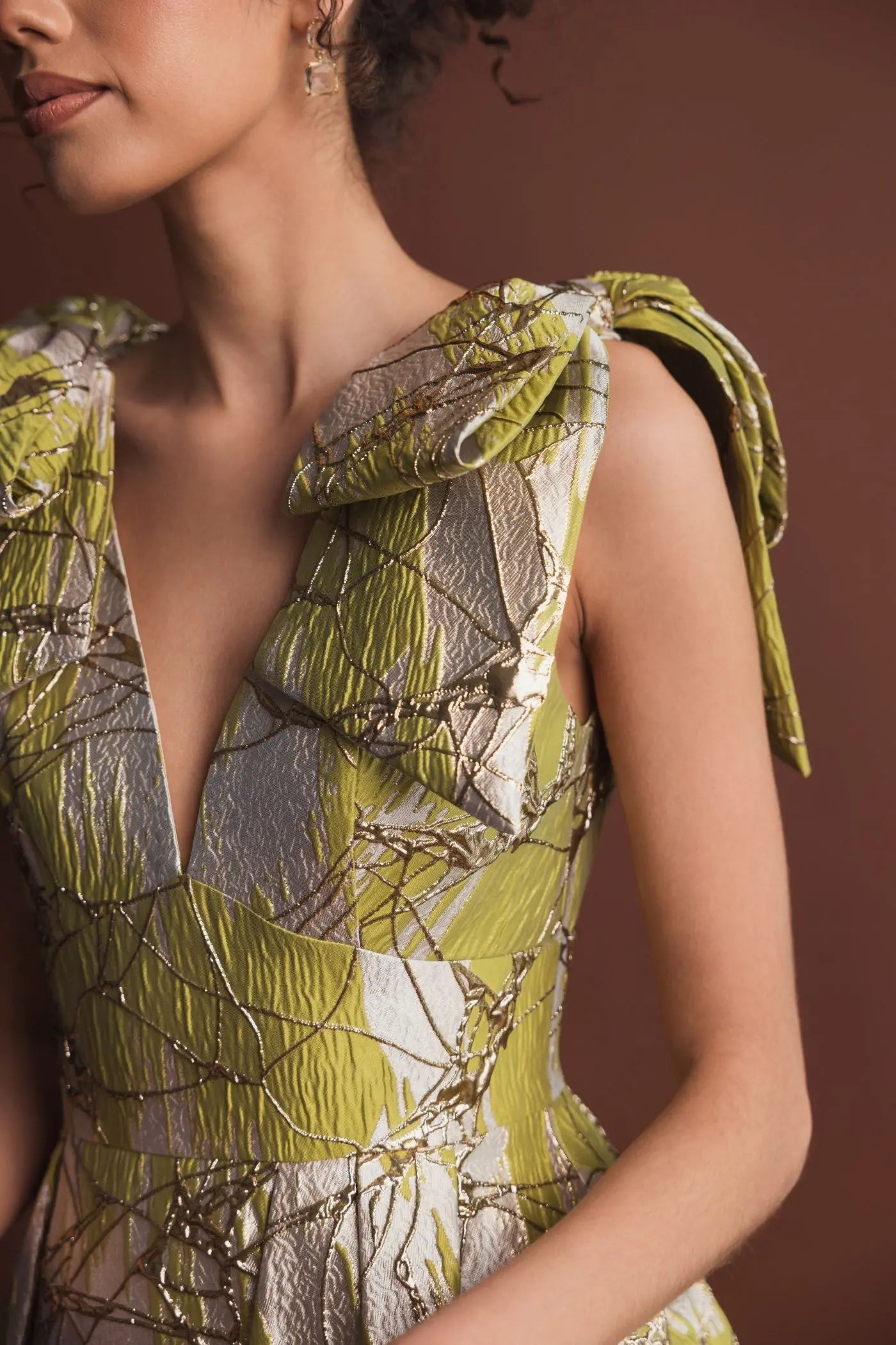 Green Layered Shoulder Bow Metallic A-Line Gown - Image 5