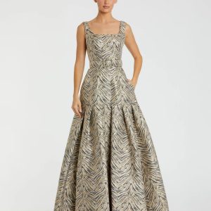 Gold Metallic Jacquard Gown with Square Neckline and Box Pleats