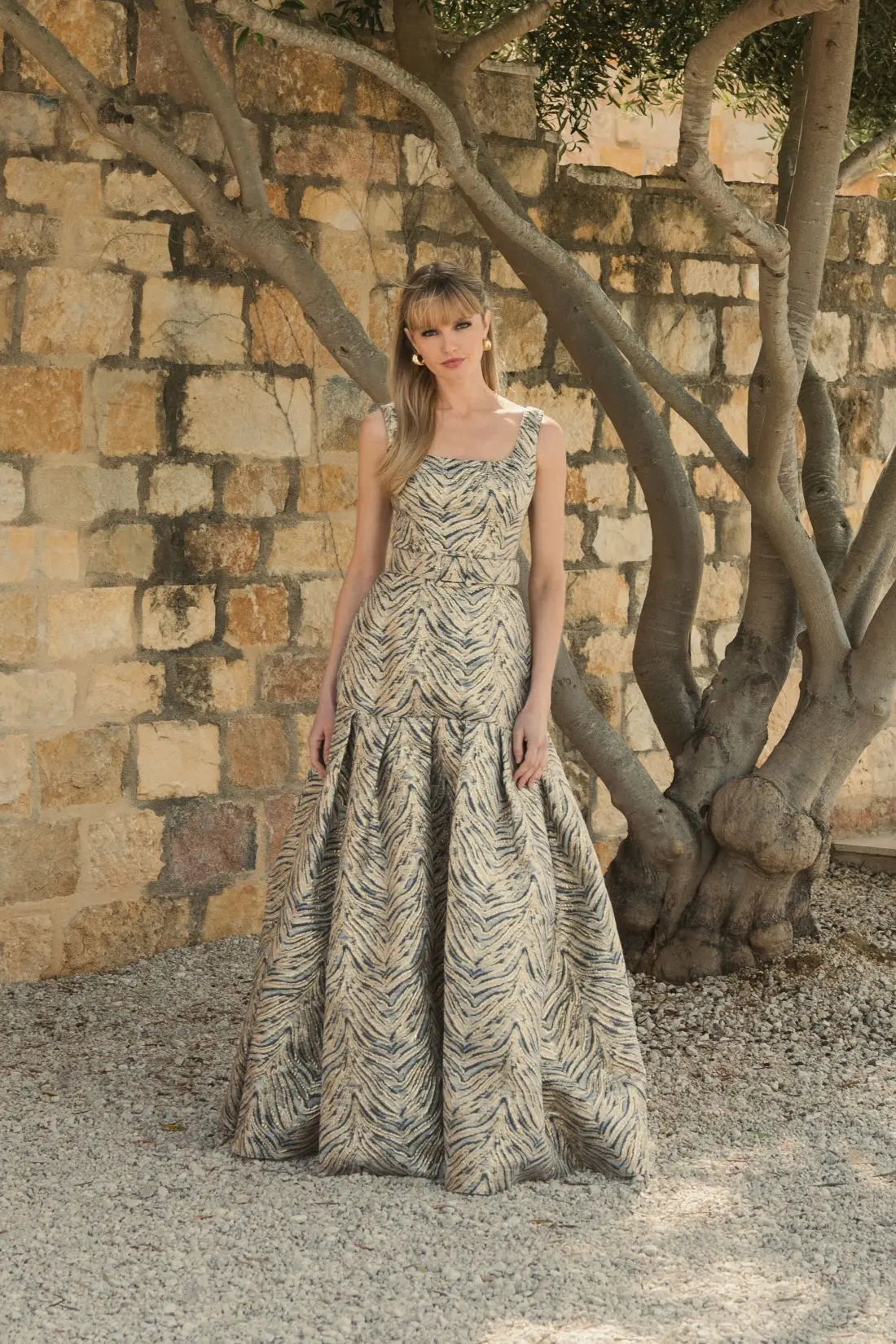 Gold Metallic Jacquard Gown with Square Neckline and Box Pleats - Image 4