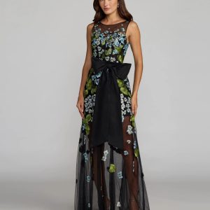 Black Floral Embroidered Corset Gown With Bow